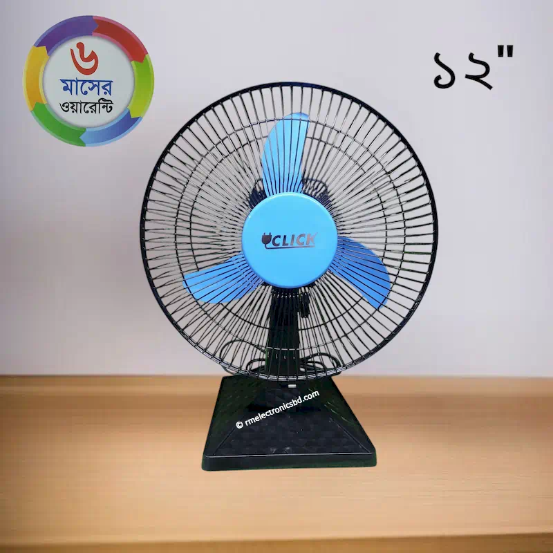 Click Cyclone High Speed Table Fan 12-Inch with 2500 RPM Motor, 70W Power, and 90° Oscillation – Blue