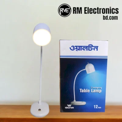 White Walton Emergency Table Lamp with flexible neck and touch-sensitive base, highlighting its compact, elegant, and rechargeable design.