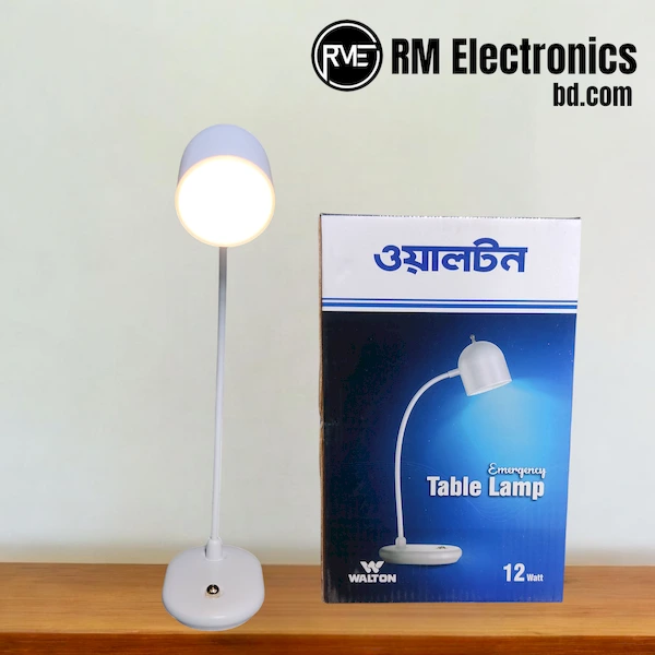 Walton Emergency Table Lamp 12W White Walton Emergency Table Lamp with flexible neck and touch-sensitive base, highlighting its compact, elegant, and rechargeable design.